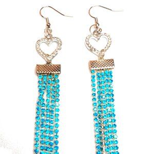 Rhinestone Heart Tassel Earrings, Blue & Crystal Rhinestone Earrings, Earrings